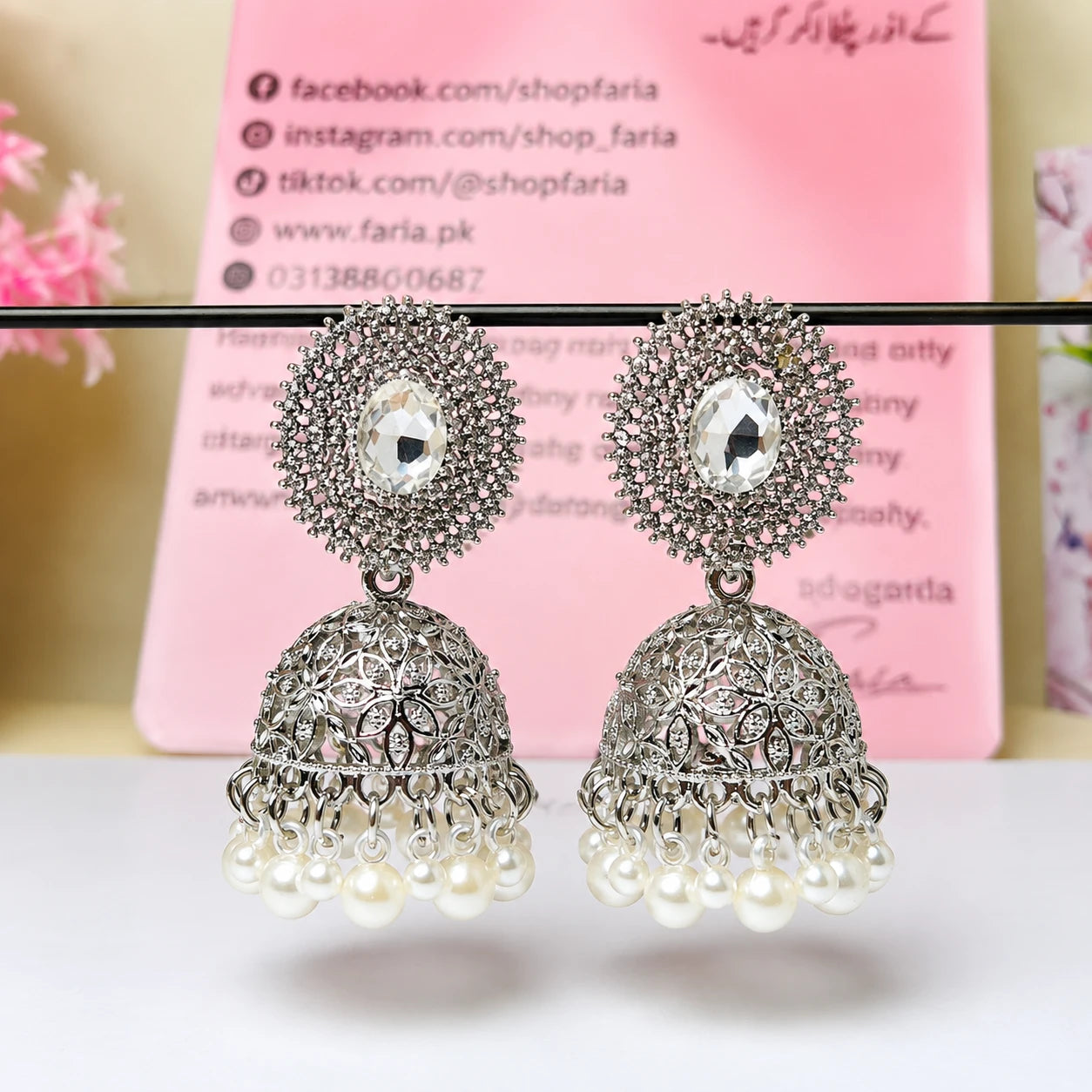 Pearl Studded Silver Jhumka