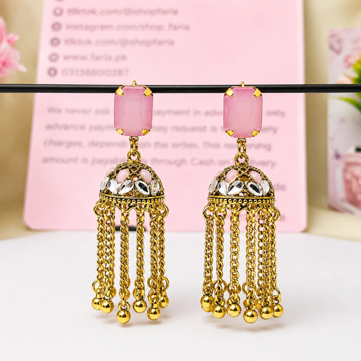 Pink Crystal Golden Chain Jhumka