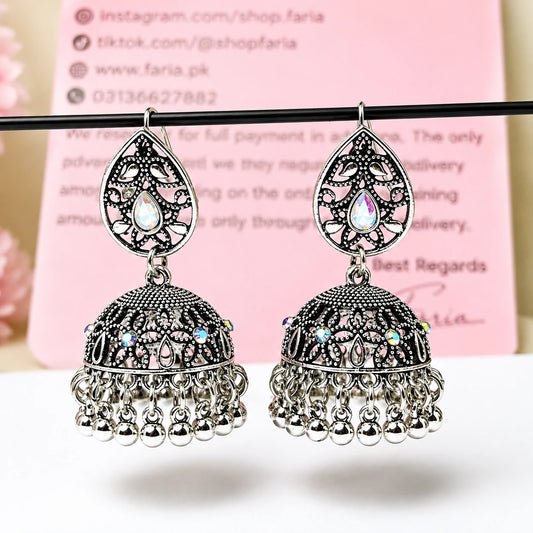 Silver Oxidized Floral Teardrop Jhumka