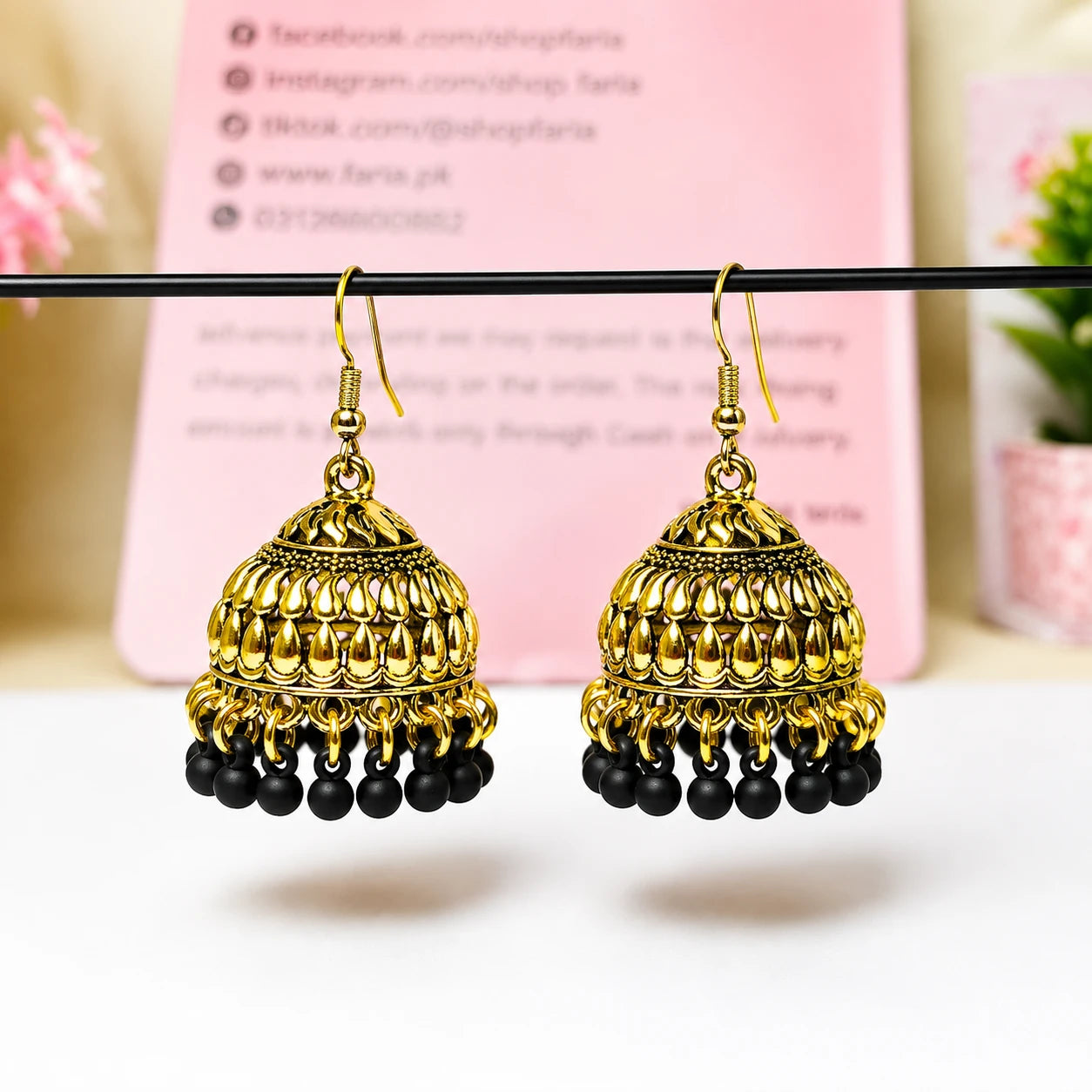 Golden Black Beaded Dome Jhumka