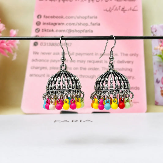 Silver Colorful Beaded Dome Jhumka