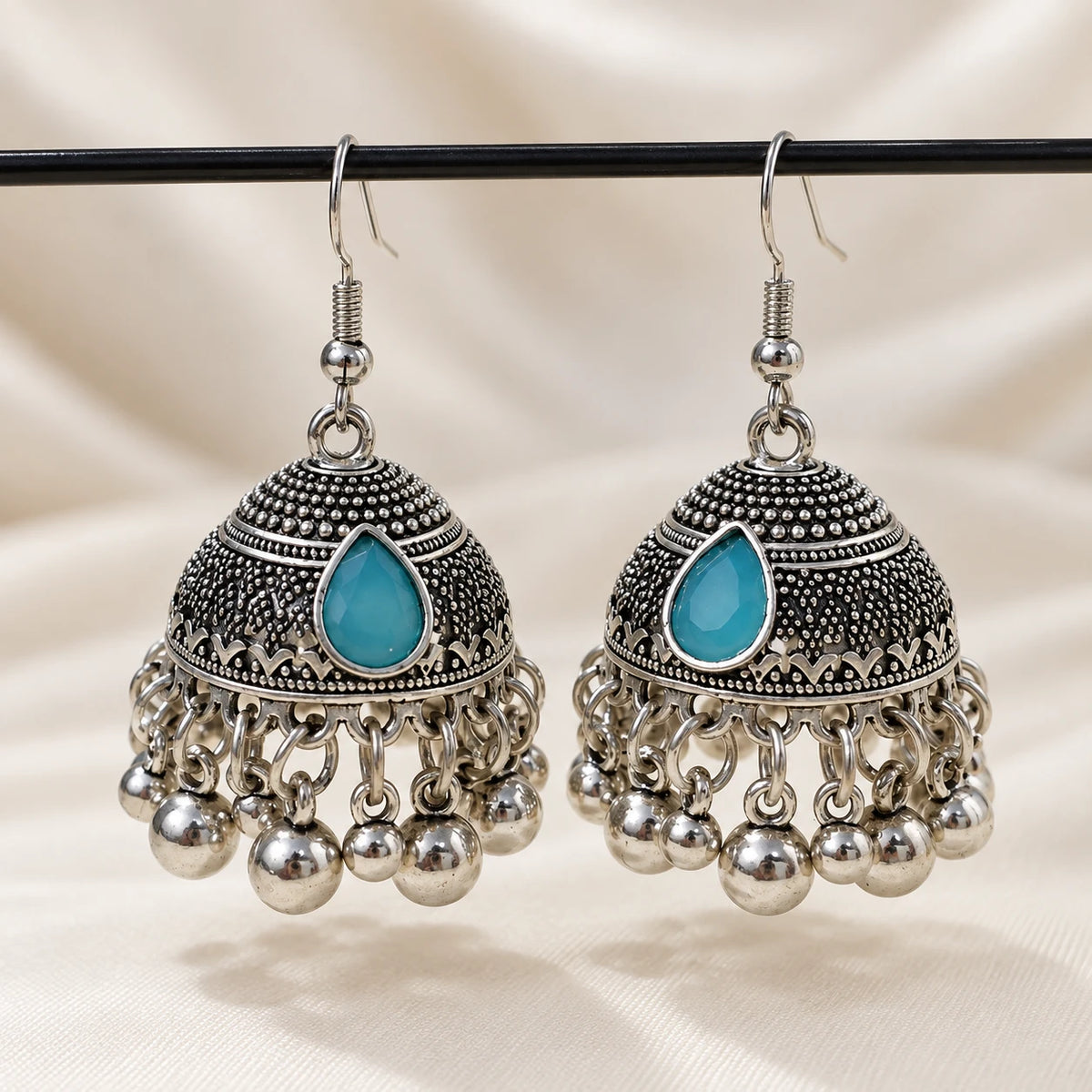 Onyx Teardrop Silver Jhumka - 2 Colors