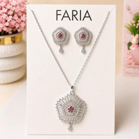 Pink Crystal Floral Pendant Set