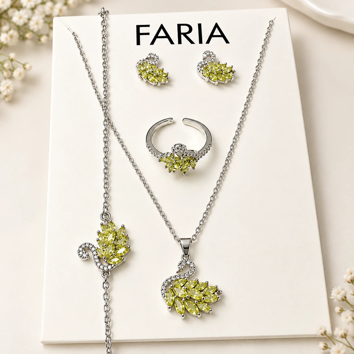 Greenish Yellow Swan Stainless Necklace 4 Piece  - Silver