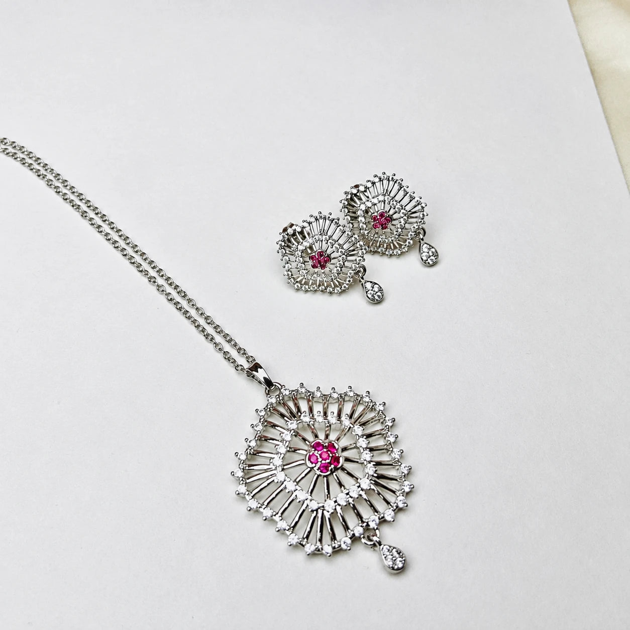 Pink Crystal Floral Pendant Set