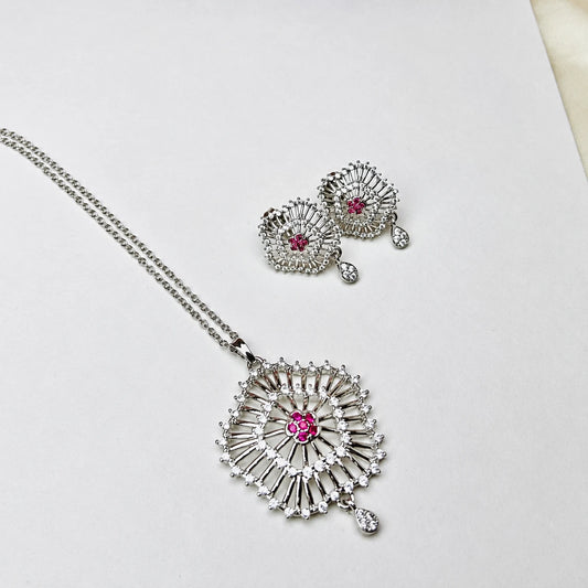 Pink Crystal Floral Pendant Set