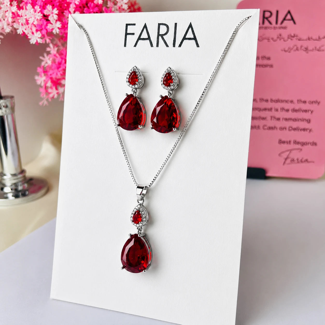 Ruby Teardrop Pendant & Earrings Set