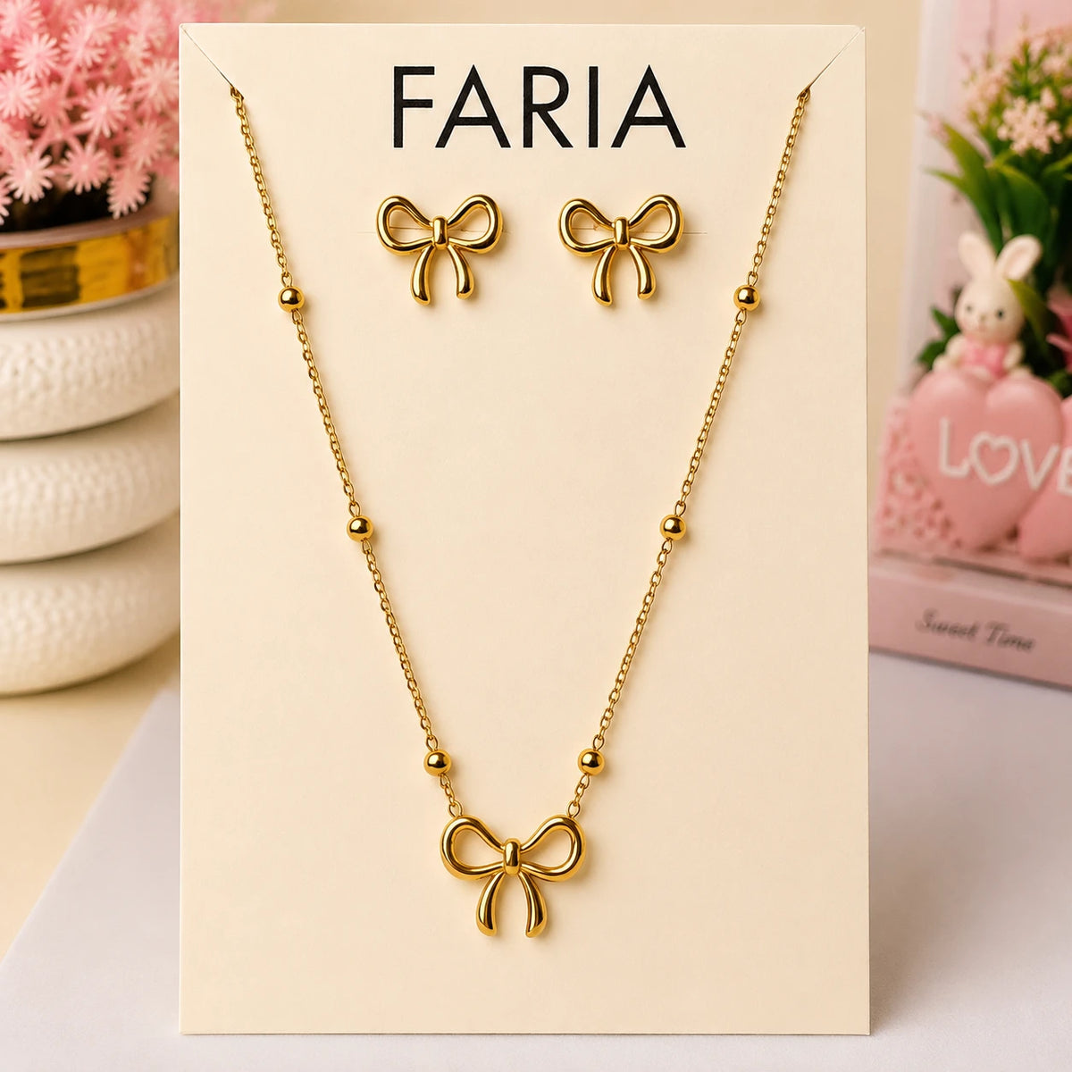 Golden Bow Necklace & Earrings Set - Stainless