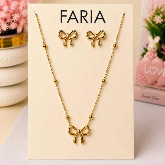 Golden Bow Necklace & Earrings Set - Stainless