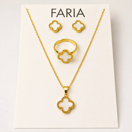Golden Clover Necklace, Earrings & Ring Set - Stainless