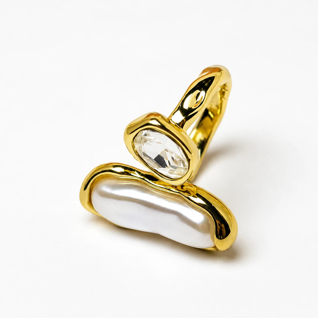 Golden Pearl Crystal Statement Ring
