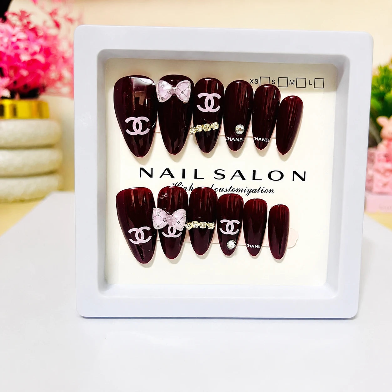Burgundy Bow Glam Press-On Nails