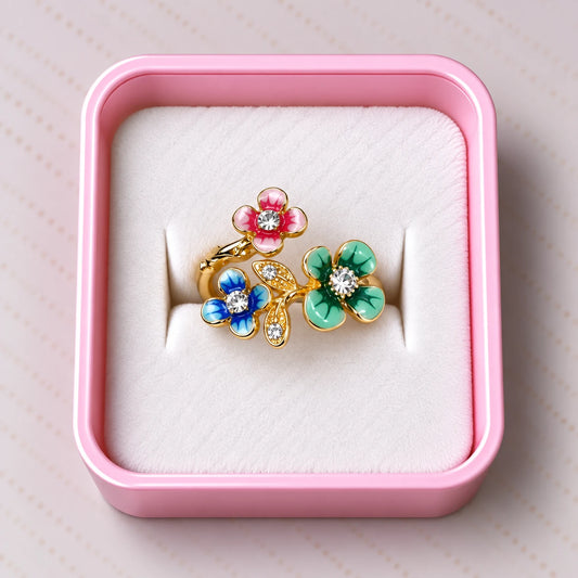 Blooming Trio Enamel Crystal Ring - 2 Colors