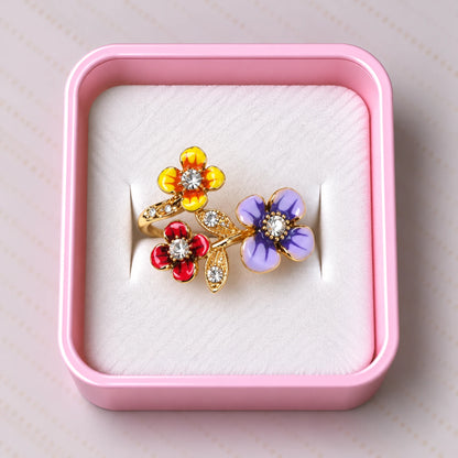 Blooming Trio Enamel Crystal Ring - 2 Colors