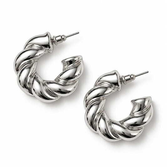Luna Ribbed Hoop Earrings – Silver