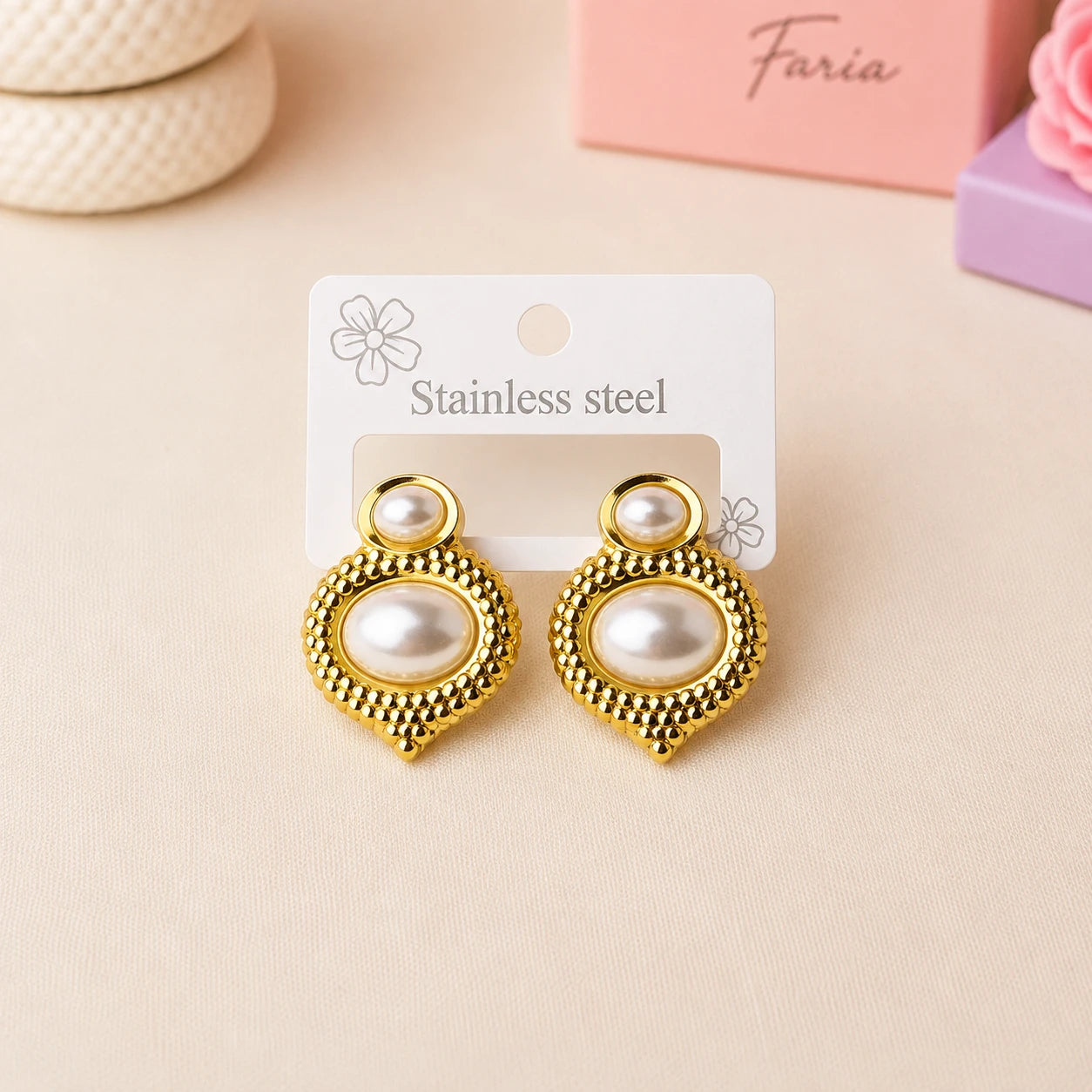 Golden Pearl Beaded Stainless Studs