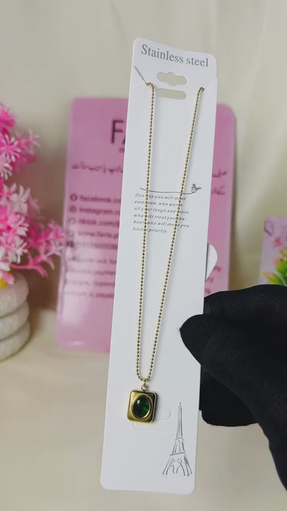 Golden Emerald Frame Pendant Chain - Stainless