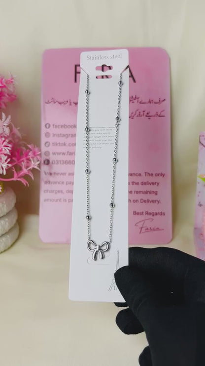 Silver Bow Beaded Pendant Chain - Stainless